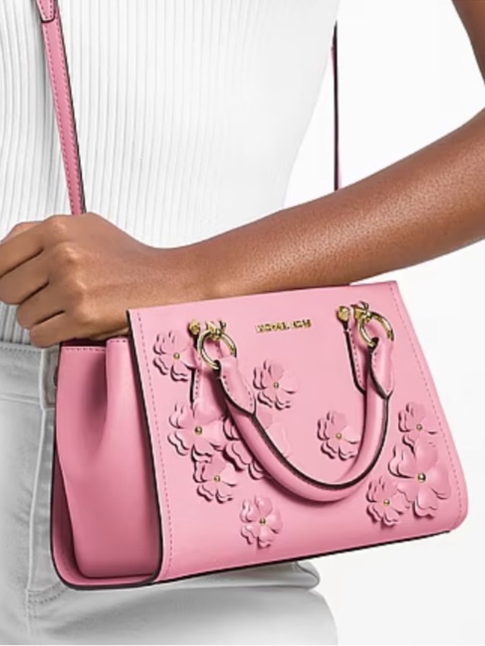 Michael Kors Pink Floral Applique Satchel with Gold Hardware